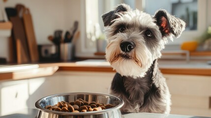 A small dog looks up expectantly at its owner, waiting for food.
