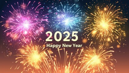 Colorful fireworks explode in the night sky with the text "2025 Happy New Year" prominently displayed on a vibrant, festive background, ideal for New Year's Eve party invitations, greeting cards