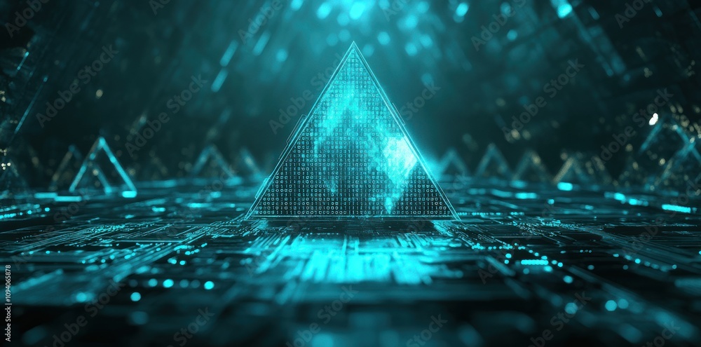 Poster a glowing, futuristic pyramid surrounded by digital patterns and structures.