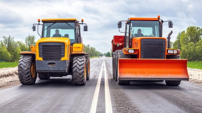 Construction Scene Featuring Two Heavy Machinery Vehicles on Road, One Yellow Tractor and One Orange Loader Ready for Paving Work Under Cloudy Sky