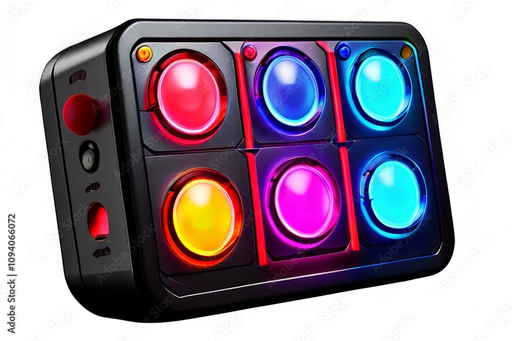 Poster simon electronic game of memory skill with colored buttons and s