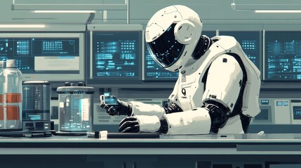 Futuristic astronaut in a high-tech laboratory conducting experiments with advanced technology and digital displays, exploring new frontiers of science and innovation