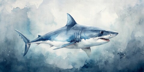 Fototapeta premium A majestic great white shark gracefully swims through an ethereal watercolor seascape.