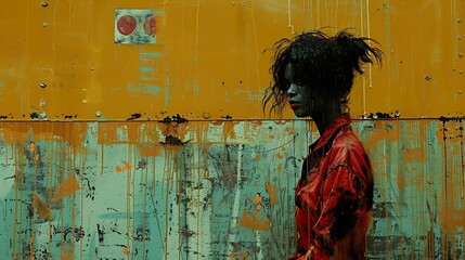Portrait of a Woman in Red Jacket Against a Grunge Wall