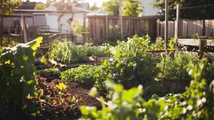 A community garden flourishing with organic produce in an urban setting, Highlighting sustainable agriculture and local food initiatives, photography style