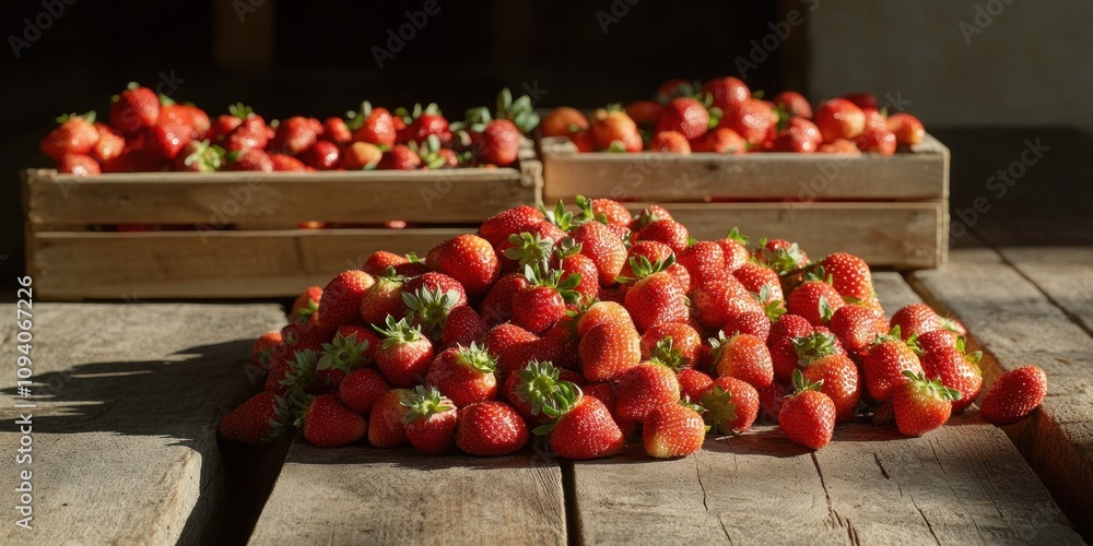 Poster a display of fresh strawberries in wooden crates on a rustic wooden surface.