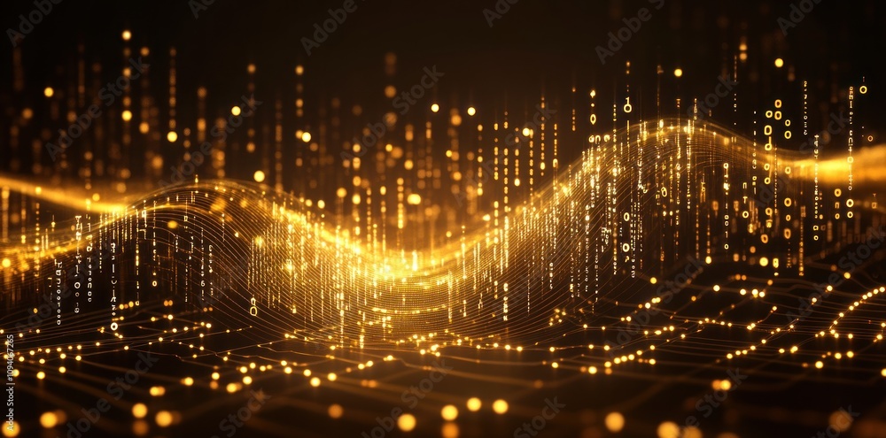 Aufkleber abstract visualization of data waves with glowing particles in a digital landscape.