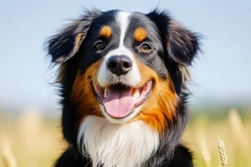 Fototapeta premium A cheerful dog with a bright smile in a grassy field under a clear blue sky.