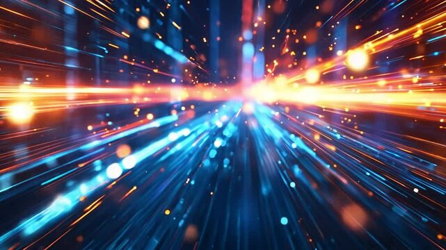 Abstract digital art of blue and orange glowing lines converging in the distance