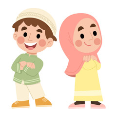 Illustration of two Muslim boys and girls posing folding arms over belly