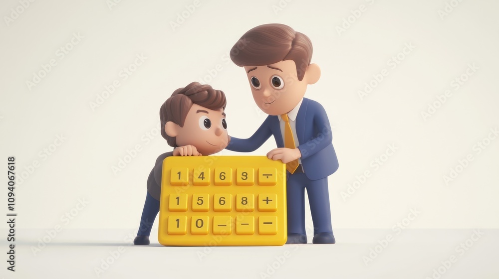 Poster two cartoon characters interact over a large calculator, emphasizing learning or finance.