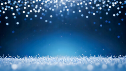 Abstract background of winter snowflake and snowfall with blue and white blurred particles, circle bokeh lights. 