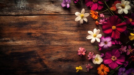 Fototapeta premium A vibrant arrangement of colorful flowers on a rustic wooden surface.