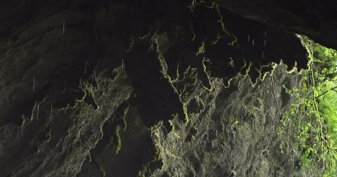 The water drops in the cave, natural water dripping in the cave, close-up detail