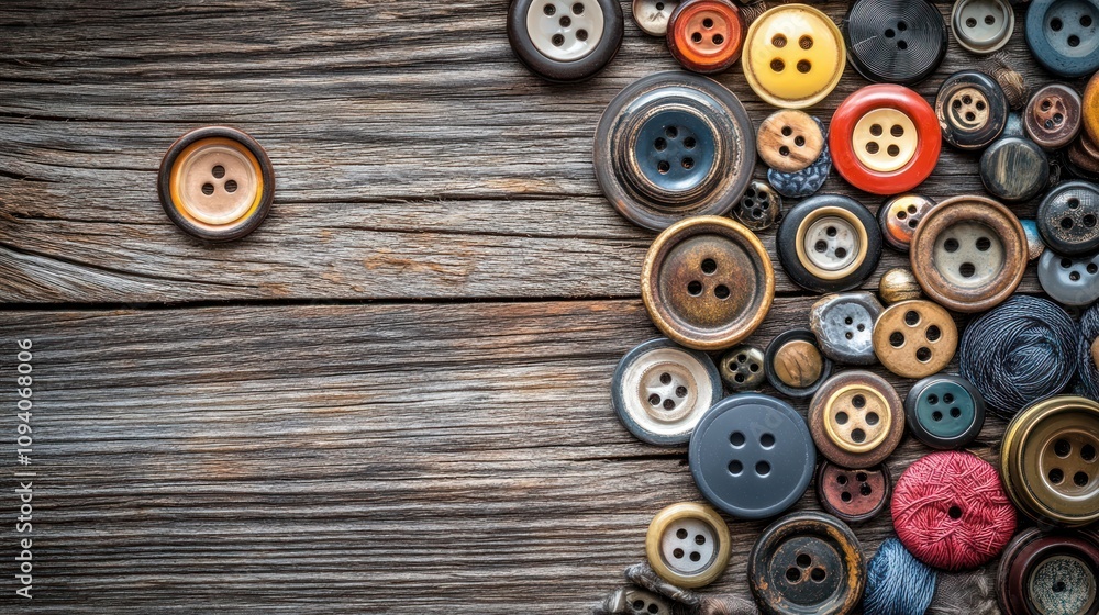 Poster a collection of colorful buttons arranged on a wooden surface.