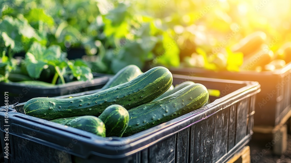 Poster fresh cucumbers harvested and stored in crates amidst a lush green farm environment.