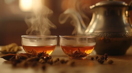 Fototapeta premium 43.A close-up of two small glass cups filled with hot masala tea, with visible steam, surrounded by spices like cloves, cardamom, and cinnamon, paired with a traditional metal kettle to evoke the