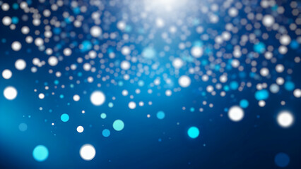 Abstract background of winter snowflake and snowfall with blue and white blurred particles, circle bokeh lights. 