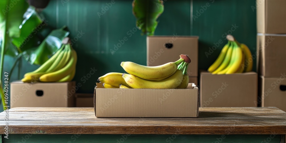 Poster a box of bananas on a wooden table with stacked boxes in a green setting.