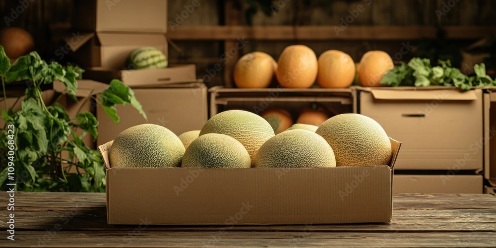 Poster a box of melons surrounded by greenery and additional fruit crates in a rustic setting.