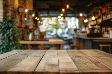 A wooden table with a view of a restaurant