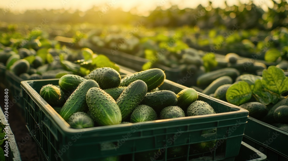Poster fresh cucumbers harvested and placed in crates under warm sunlight in a field.