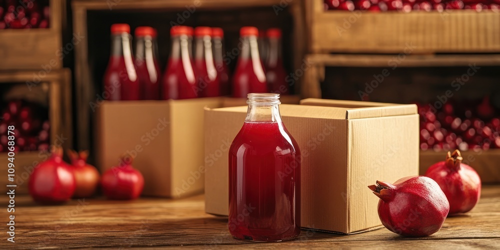 Aufkleber a bottle of red juice with pomegranates and cardboard boxes in a rustic setting.