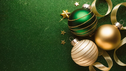 A luxurious Christmas composition featuring a rich emerald green glitter background that sparkles under soft, warm lighting