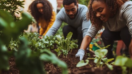 A community gardening project where people of different ethnicities cultivate a shared green space, Nurturing unity and sustainability through multicultural collaboration, photography style