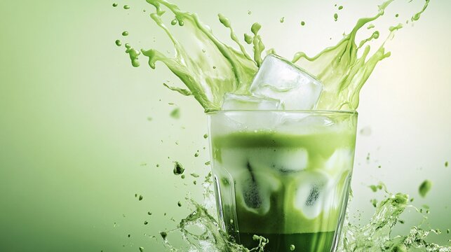 77.A tall glass of iced matcha green tea latte with ice cubes, as fresh milk cascades into the vibrant green liquid, creating swirling patterns. The scene is isolated on a soft green background with