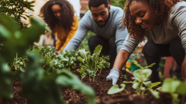 A community gardening project where people of different ethnicities cultivate a shared green space, Nurturing unity and sustainability through multicultural collaboration, photography style