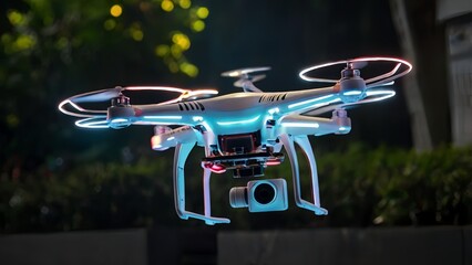 Night Shot of a Modern Drone with LED Lights in Action