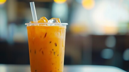 87.A transparent plastic cup containing iced Thai milk tea, with vibrant orange liquid and a plastic straw placed in the center. The ice cubes at the top enhance the cool, refreshing look of the