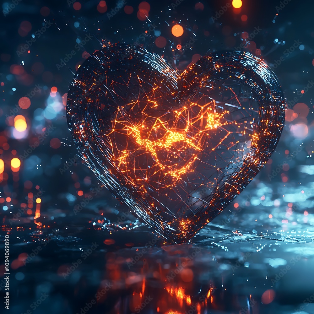 Poster a glowing, futuristic heart made of intricate patterns, surrounded by shimmering lights and a reflec