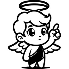 Fototapeta premium Angel Cupid exclaimed joyfully at idea, showing his index finger up in monochrome. Simple minimalistic vector in black ink drawing on transparent background