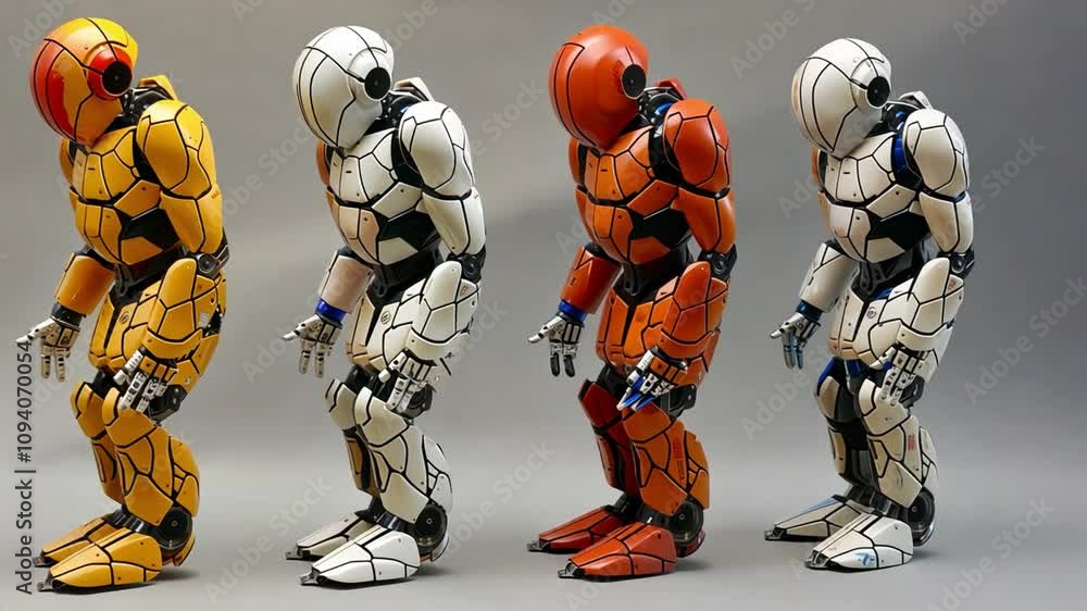 Aufkleber four humanoid robots, painted in yellow, white, orange, and red, stand in a row. each robot exhibits