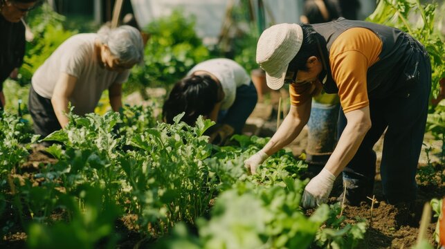 A community gardening project where people of different ethnicities cultivate a shared green space, Nurturing unity and sustainability through multicultural collaboration, photography style