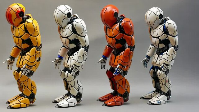 Four humanoid robots, painted in yellow, white, orange, and red, stand in a row. Each robot exhibits intricate design and articulation, highlighting advancements in robotics.
