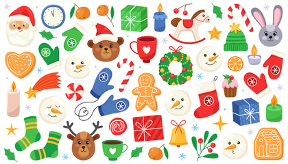 Сollection of different cute Christmas and New Year illustrations. Santa, bear, deer, mittens, snowman, gift, gingerbreads, stocking, candies. Cartoon elements for card, pattern.