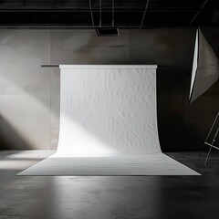 A white backdrop with a white sheet hanging from a rod