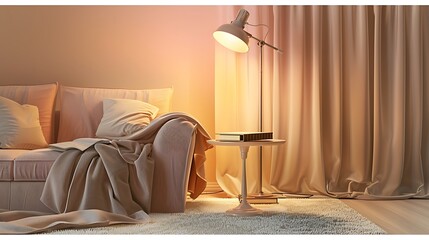 A stylish pastel room in pink and beige hues, a floor lamp illuminating a sofa with a blanket. A book on a stand sits on the table, with a white carpet in front.
