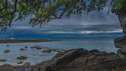 The branches of the tree bent over the rocky shoreline. Clams attached to boulders exposed at low tide. In the turquoise ocean a white yacht. Mountains against a cloudy sky. Madagascar. Nosy Tanikely