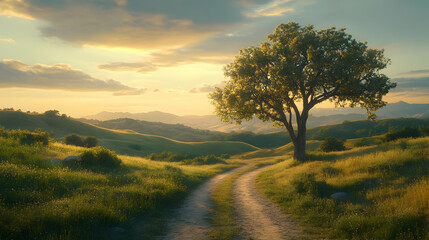 Countryside Sunset Landscape Illustration