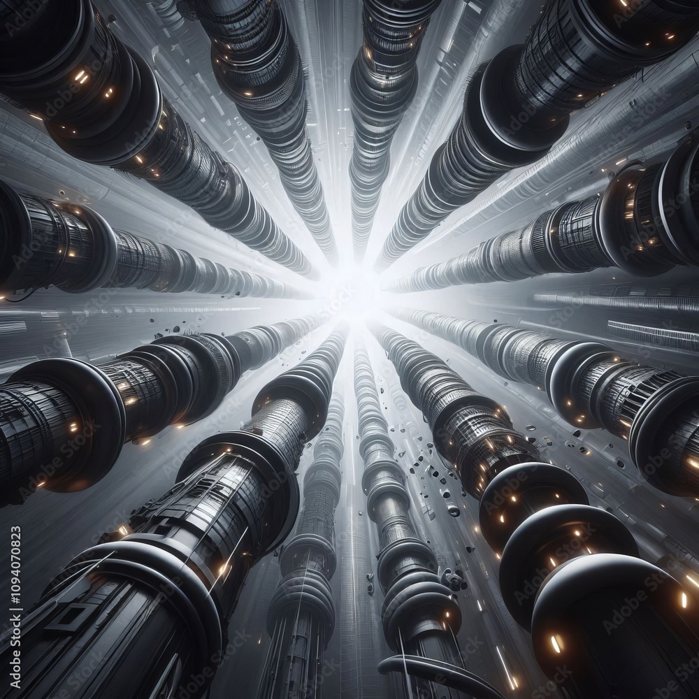 Poster worm's eye view showing the descending objects from below