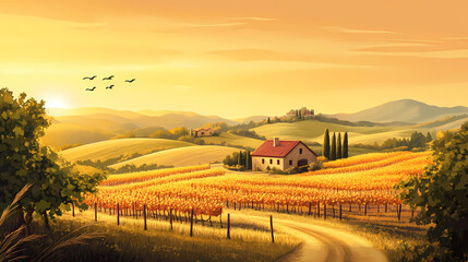 Obraz premium A single rustic farmhouse stands amidst rolling hills and vineyards as the sun sets over the landscape. Golden Hour Vineyard. Illustration