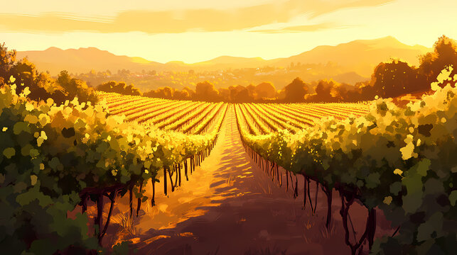 A scenic view of a vineyard at sunset. the rows of vines are illuminated by the golden light, creating a picturesque scene. Golden Hour Vineyard. Illustration