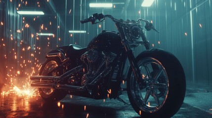 Custom Motorcycle in Industrial Workshop with Sparks