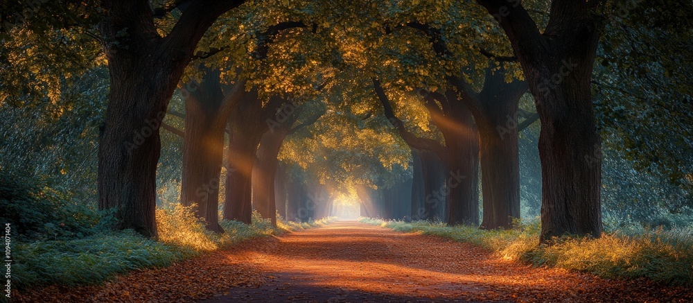 Poster sun rays illuminate a path through a forest of trees.