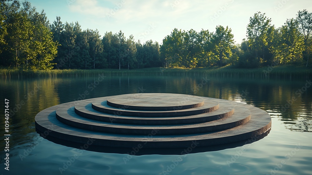 Poster a serene circular platform with tiered steps emerges from a calm lake, surrounded by lush greenery a