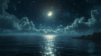 bright moonlight reflects on calm ocean waters, creating a serene and peaceful atmosphere, symbolizing tranquility, nature's beauty, and the harmony between sky and sea